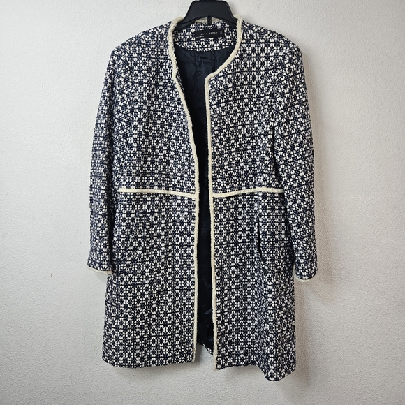 Zara That Viral Coat Blue White Tweed Frayed Size Large - Picture 3 of 7